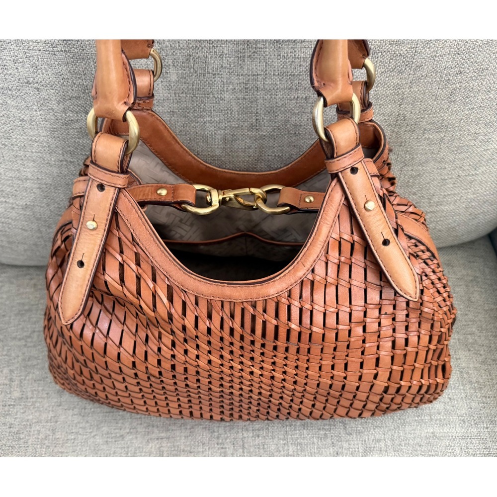 Cole Haan Woven Leather Hobo Bag Cognac Brown Satchel Gold Hardware - Picture 7 of 11